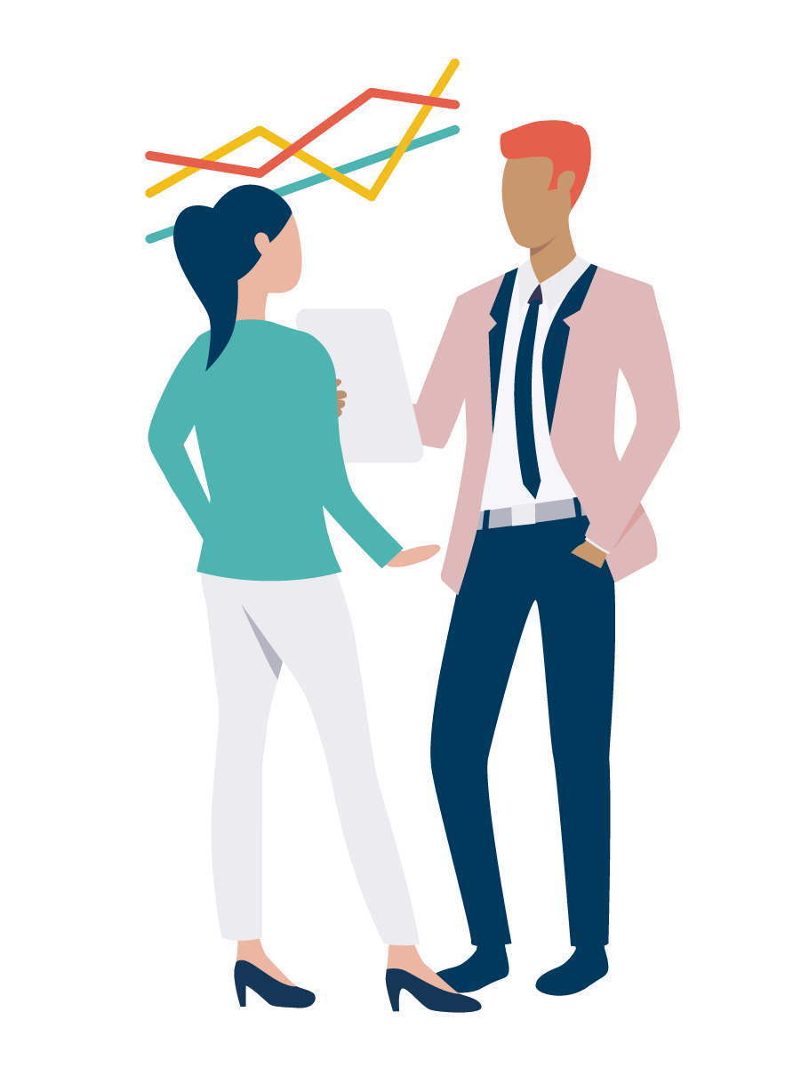 CEM-LLA-Act_PREMs A Cemplicity branded graphic of two people talking about reports.