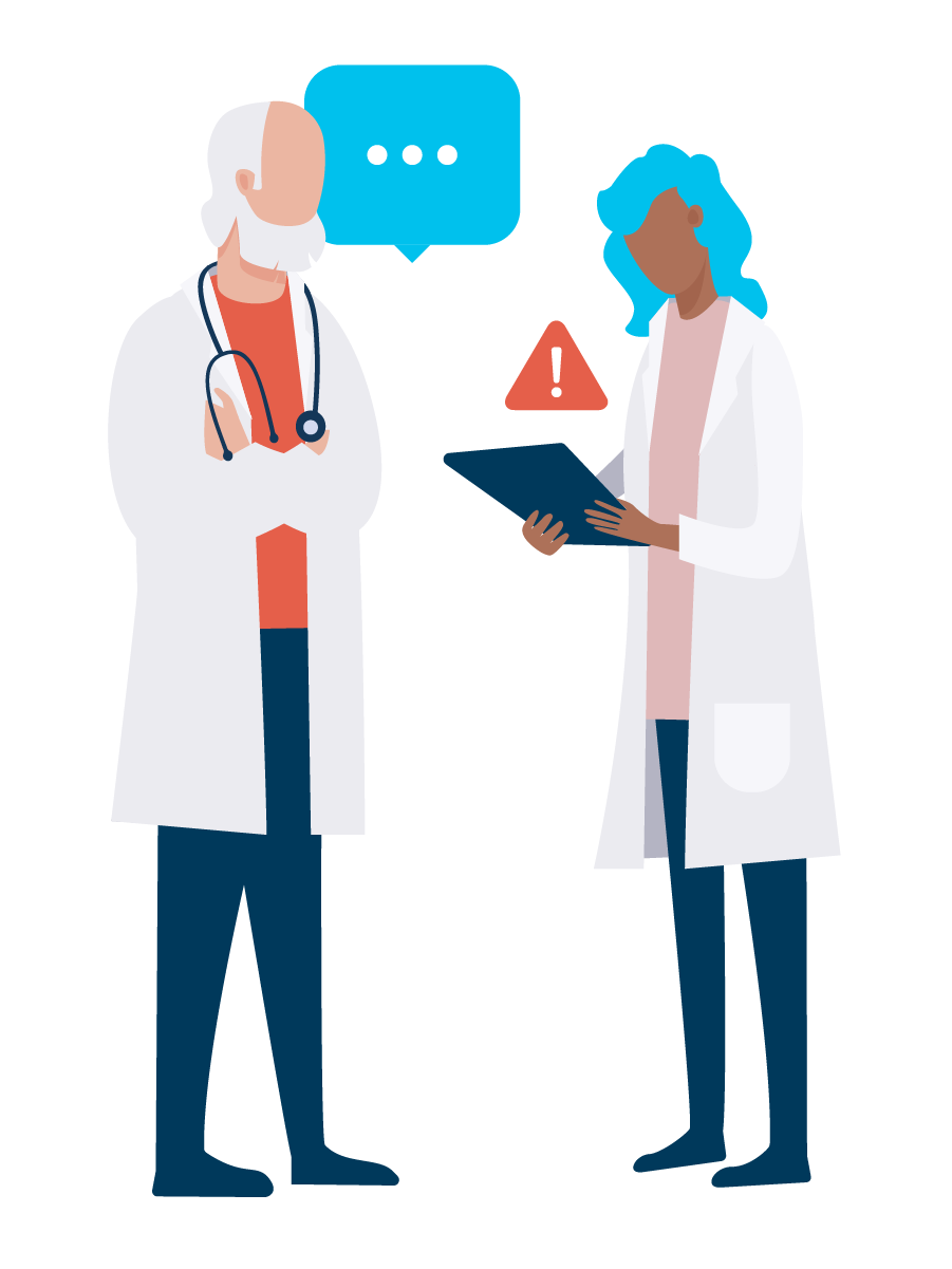 A Cemplicity branded graphic of two healthcare workers talking