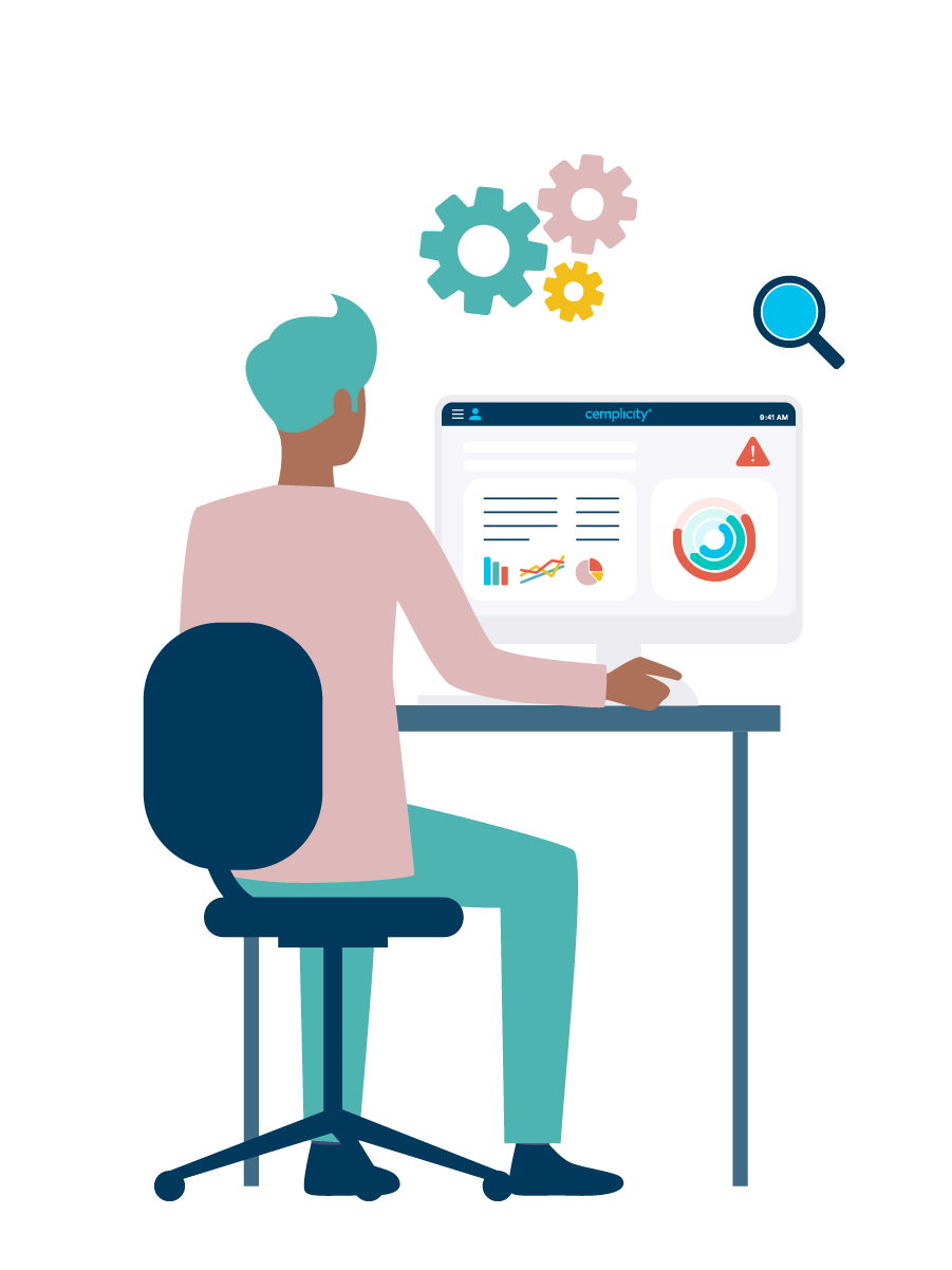 CEM-LLA-Learn_PREMs A Cemplicity branded graphic of a healthcare worker looking at their reports in the Cemplicity portal