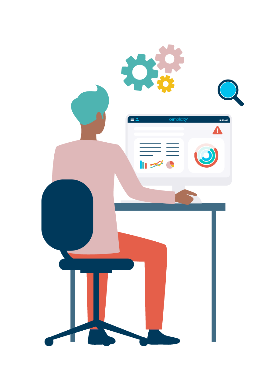 A Cemplicity branded graphic of a healthcare worker looking at their reports in the Cemplicity portal