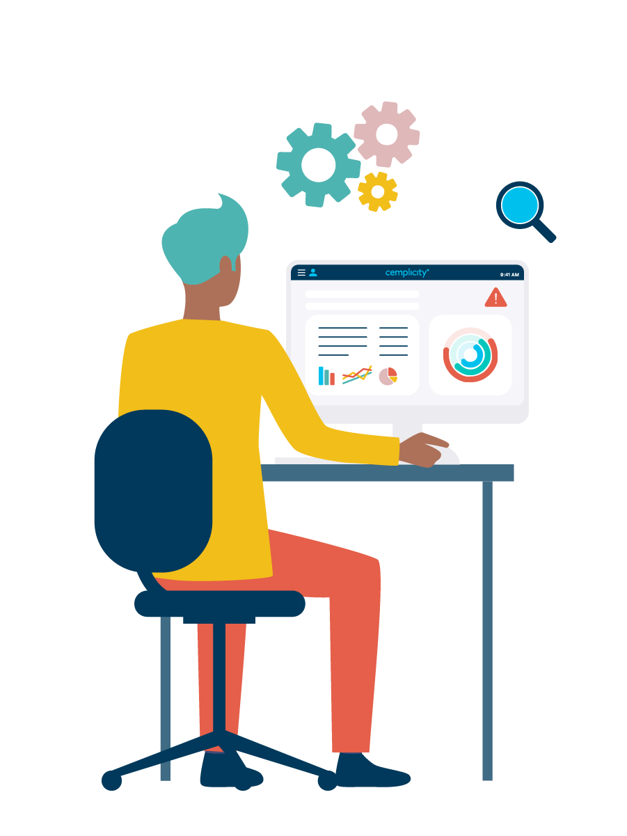 CEM-LLA-Learn_Symptom A Cemplicity branded graphic of a healthcare worker looking at their reports in the Cemplicity portal