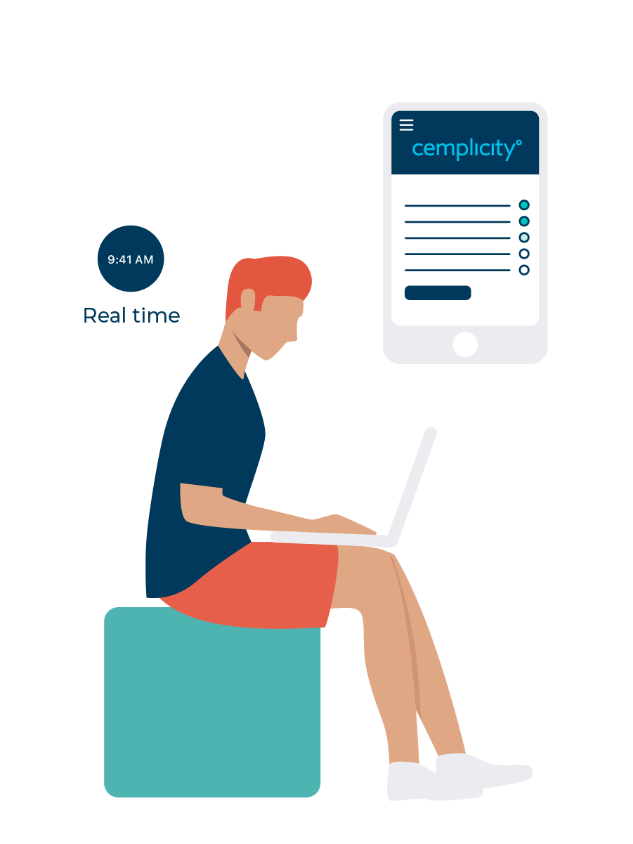 A Cemplicity branded graphic of a patient completing a online survey in real-time