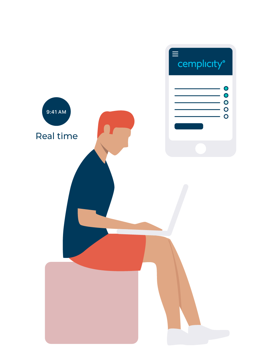 A Cemplicity branded graphic of a patient completing a online survey in real-time and sitting on a pink seat.