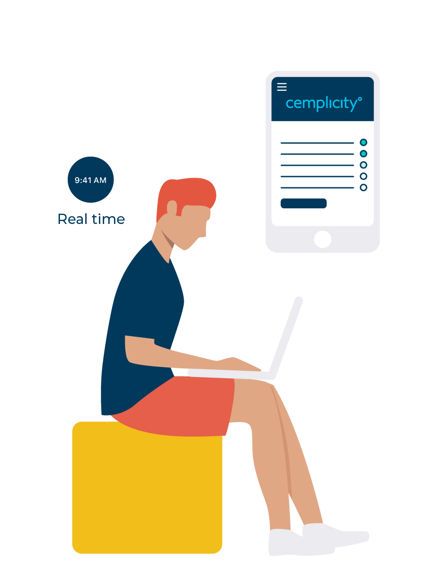 A Cemplicity branded graphic of a patient completing a online survey in real-time and sitting on a yellow seat.